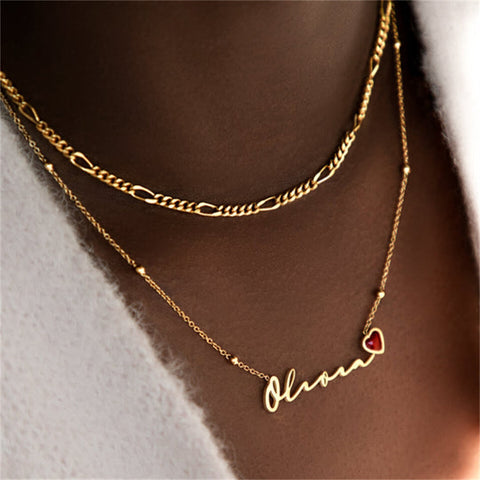 Olivia Heart Charm Birthstone Name Necklace